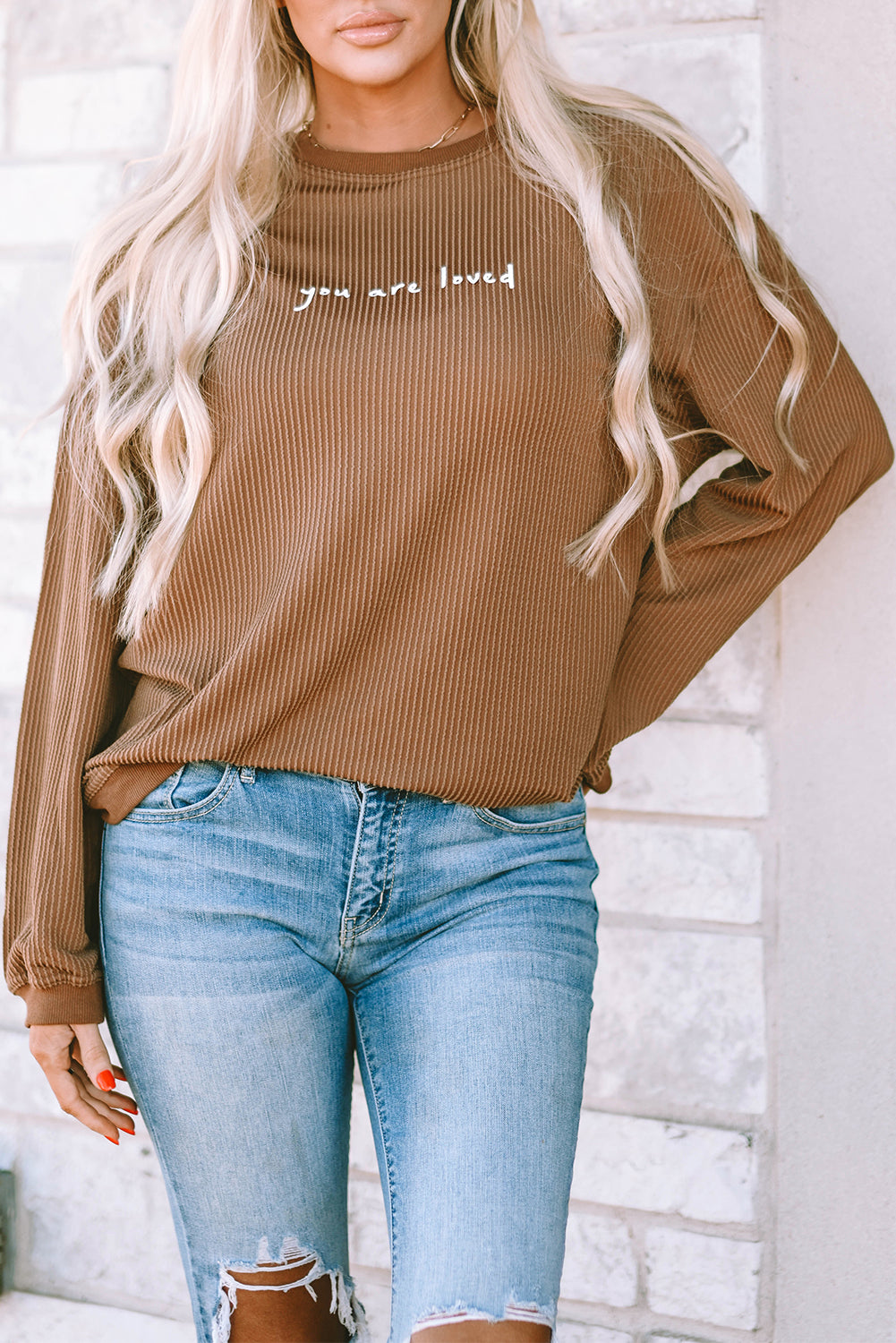 Threaded Pear Jessiette Loved Print Corduroy Sweatshirt