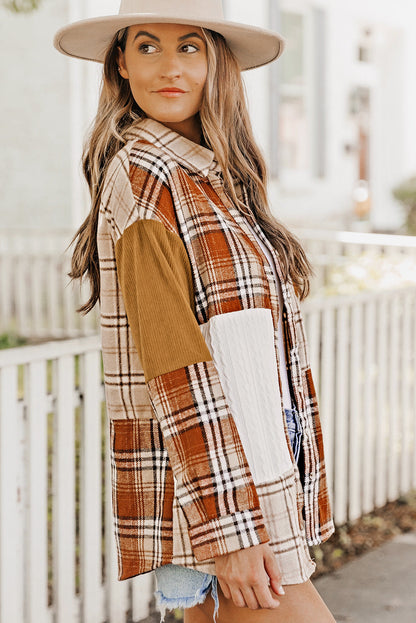 Threaded Pear Sutton Plaid Color Block Patchwork Shirt Jacket with Pocket