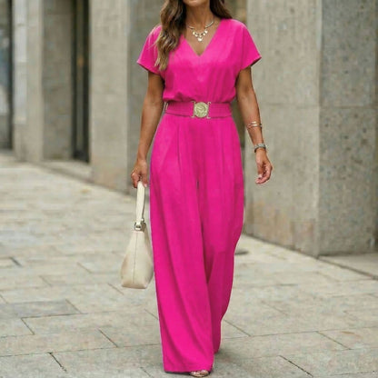 Women's V-Neck Belted Wide-Leg Jumpsuit | Elegant Commuter