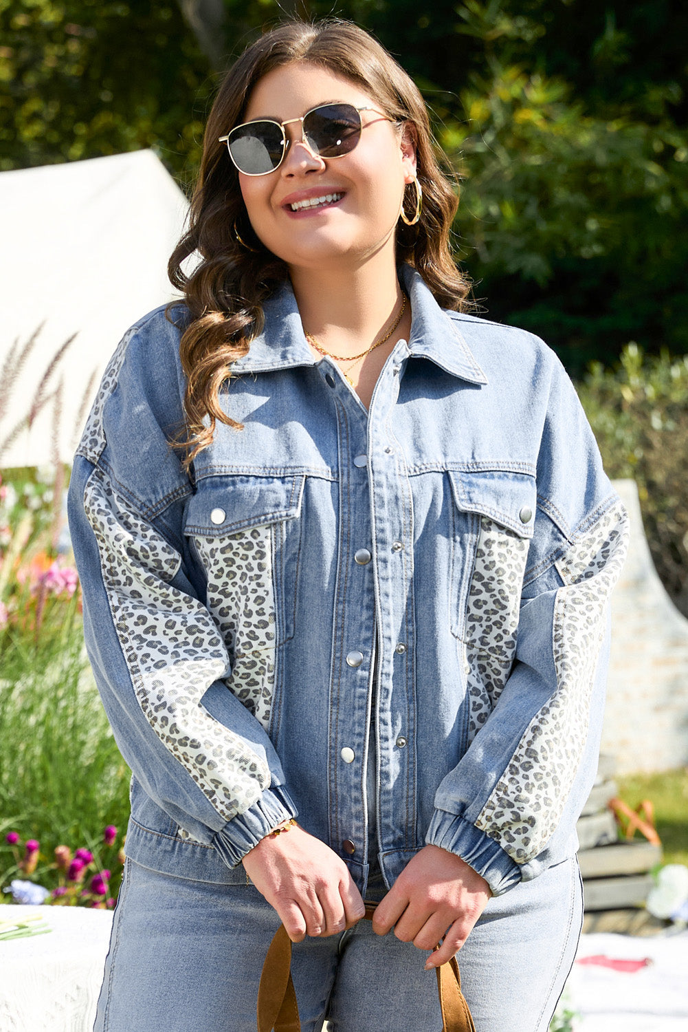 Threaded Pear Miriam Plus Size Leopard Patchwork Denim Jacket