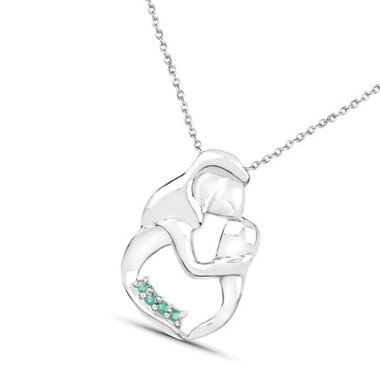 Round Green Emerald Prong Silver Mom Pendant Necklace