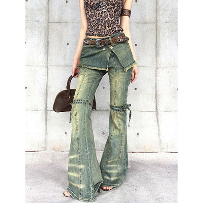 Womens Distressed Lace-up Vintage-style American Denim Jeans