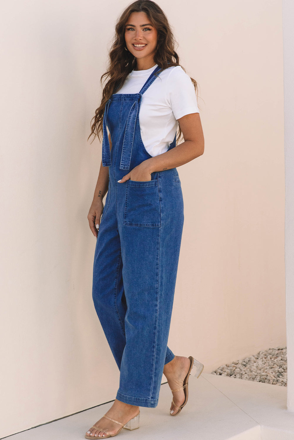 Threaded Pear Elodie Knotted Strap Wide Leg Denim Overalls