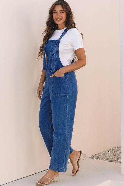 Threaded Pear Elodie Knotted Strap Wide Leg Denim Overalls