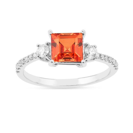 1.83 Ct Square Lab Created Peach Sapphire and Moissanite Prong Silver Three Stones Ring
