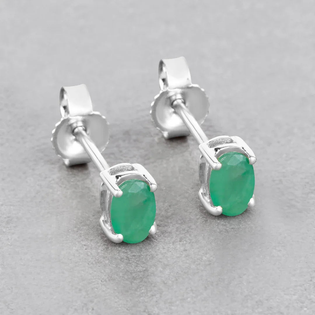 0.38 Ct Oval Green Zambian Emerald Prong 10K Gold Stud Earrings