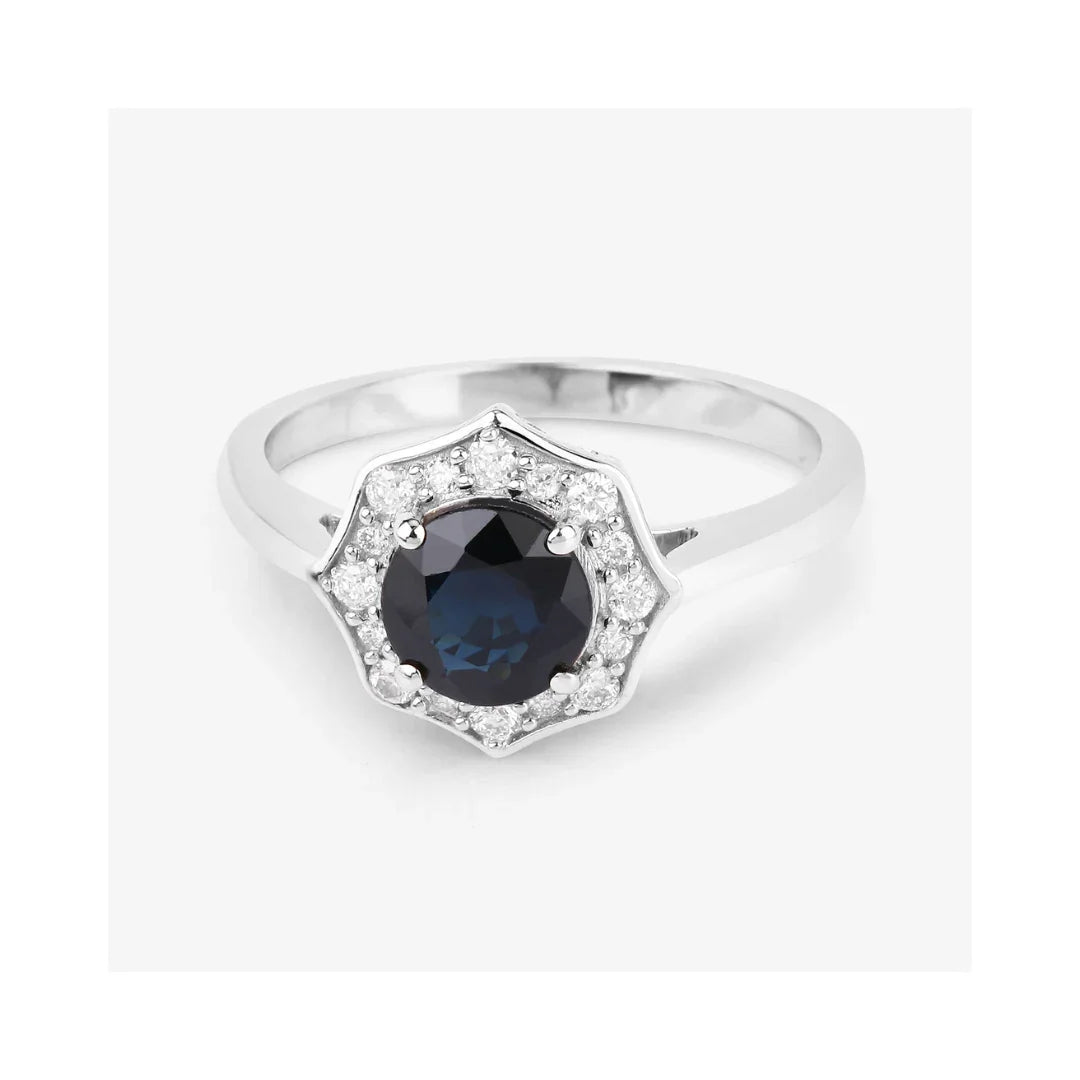 1.03 Ct Round Blue Sapphire & Lab Grown Diamond Prong 10K Gold Bridge Halo Ring