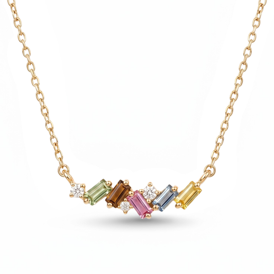 IGI Certified 0.64 Ct Baguette Multi Color Unheated Sapphire and Diamond 14K Yellow Gold Asymmetrical Bar Necklace