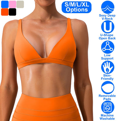 Women Deep V-Neck Sports Bras U-Shaped Back Sport Bras Padded Strappy Crop Open Back Low Impact Bras Sexy Fitness Tank Tops with Removable Pads for Gy