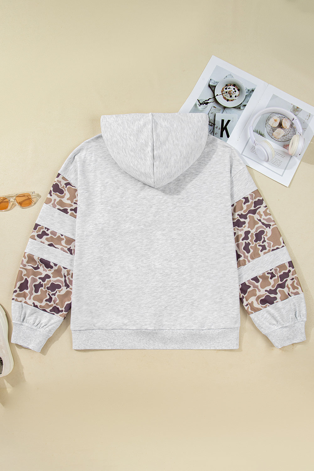Sophia Patchwork Asymmetric Sleeve PLUS Hoodie - Light Gray / 1X - 14W-16W