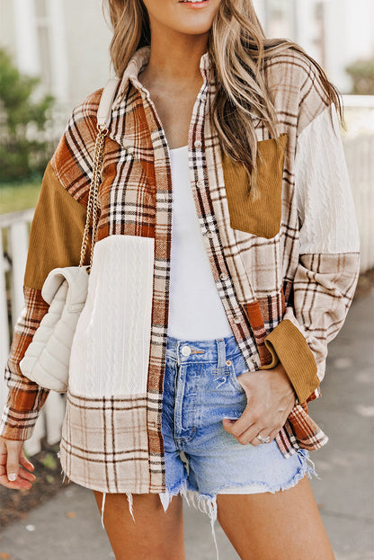Threaded Pear Sutton Plaid Color Block Patchwork Shirt Jacket with Pocket