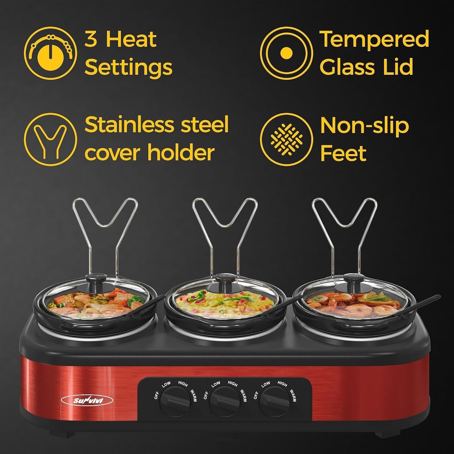 Triple Slow Cooker Buffet Food Warmer with 3 x 1.5 QT Removable Ceramic Pots