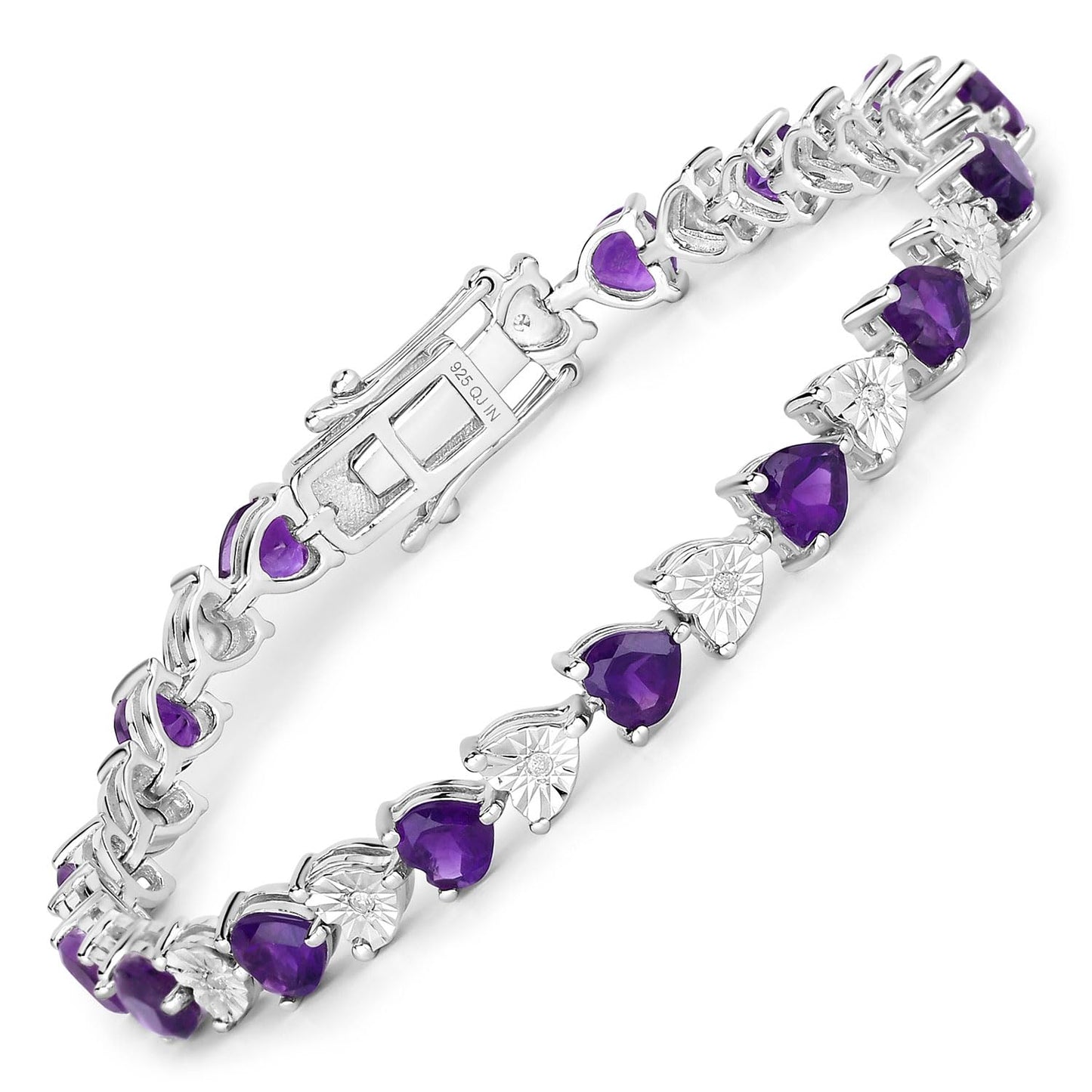 Heart Purple Amethyst & Diamond Prong Silver Tennis Bracelet