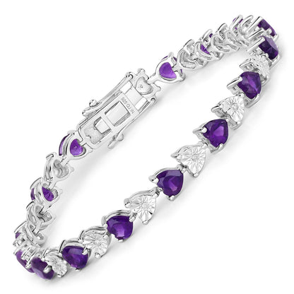 Heart Purple Amethyst & Diamond Prong Silver Tennis Bracelet