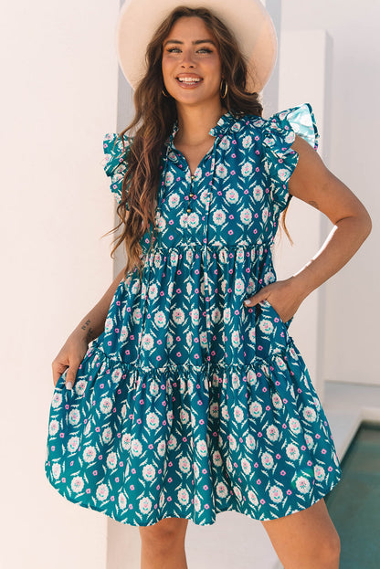 Threaded Pear Sierra Retro Floral Ruffle Short Sleeve Dress