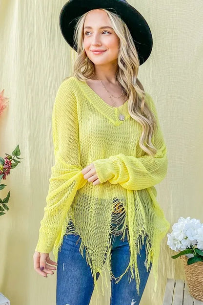 And The Why Distressed Mesh V Neck Spring Sweater Cover Up