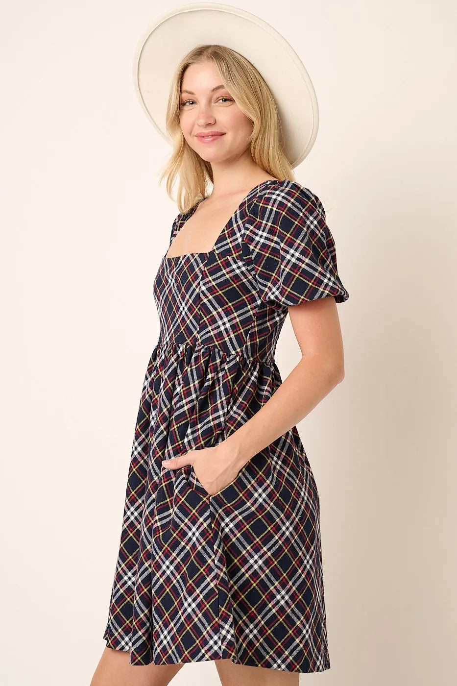 Mittoshop Checkered Print Puff Sleeve Babydoll Mini Dress