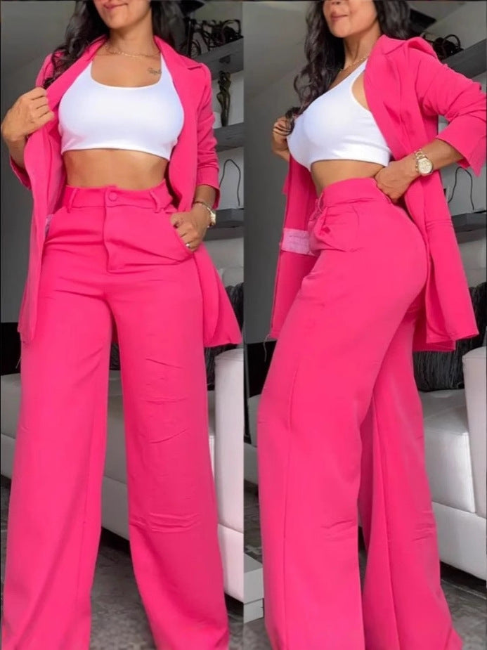 Women's Longline Open-Front Blazer & High-Waist Wide-Leg Trousers Suit Set – 8 Colors