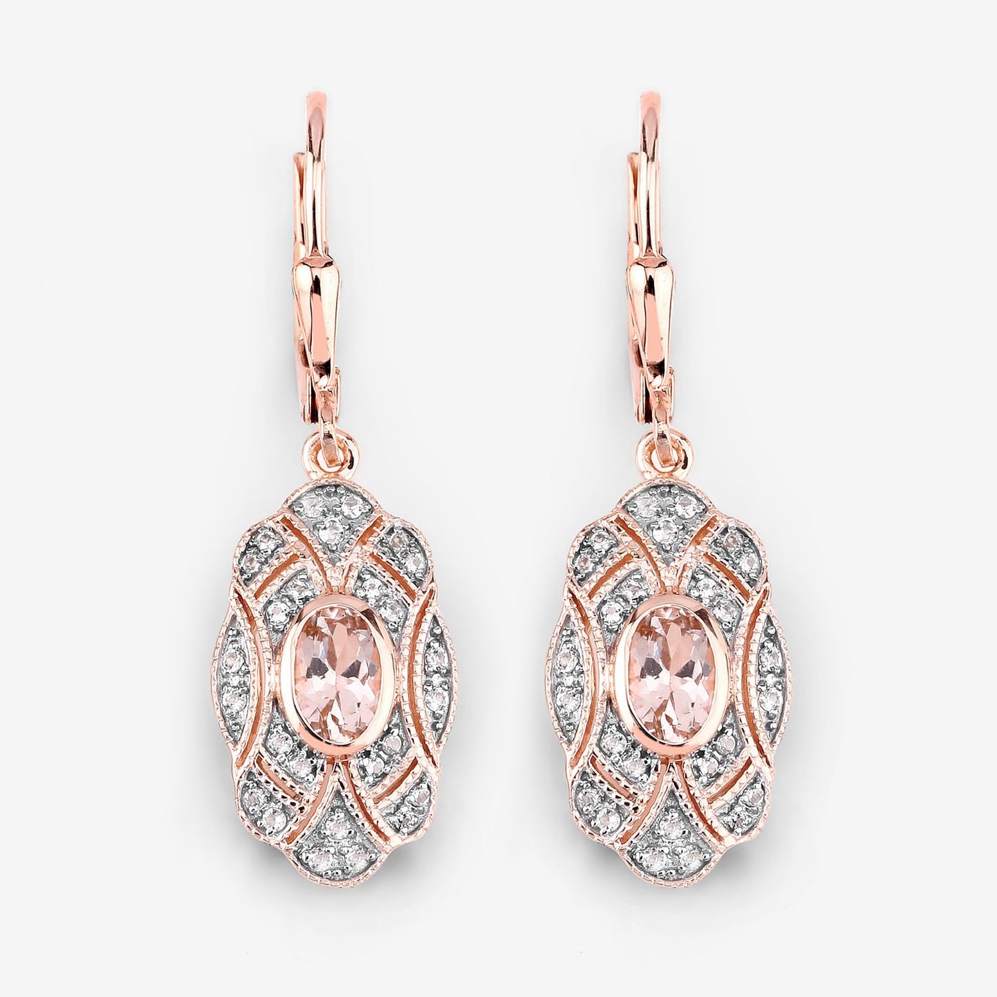 Oval Pink Morganite Bezel 18K Rose Gold Plated Silver Lever Back Dangle Earrings