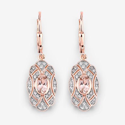 Oval Pink Morganite Bezel 18K Rose Gold Plated Silver Lever Back Dangle Earrings