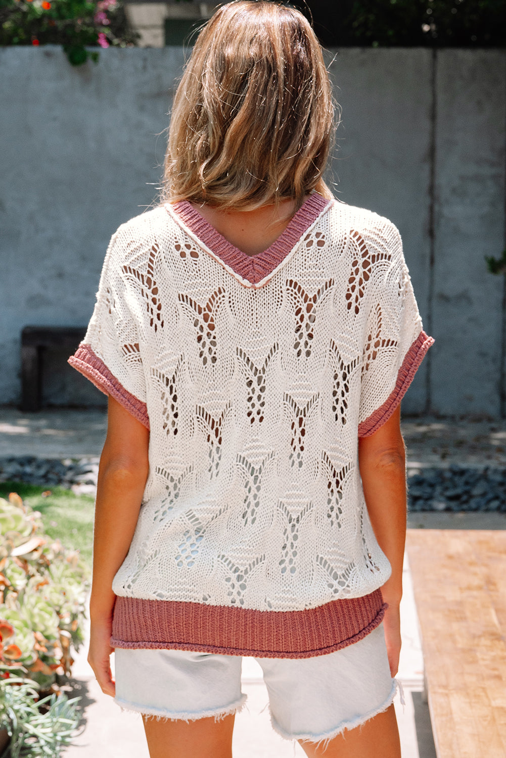 Threaded Pear Isla Embroidered Flowers Colorblock Edge Hollowed Sweater