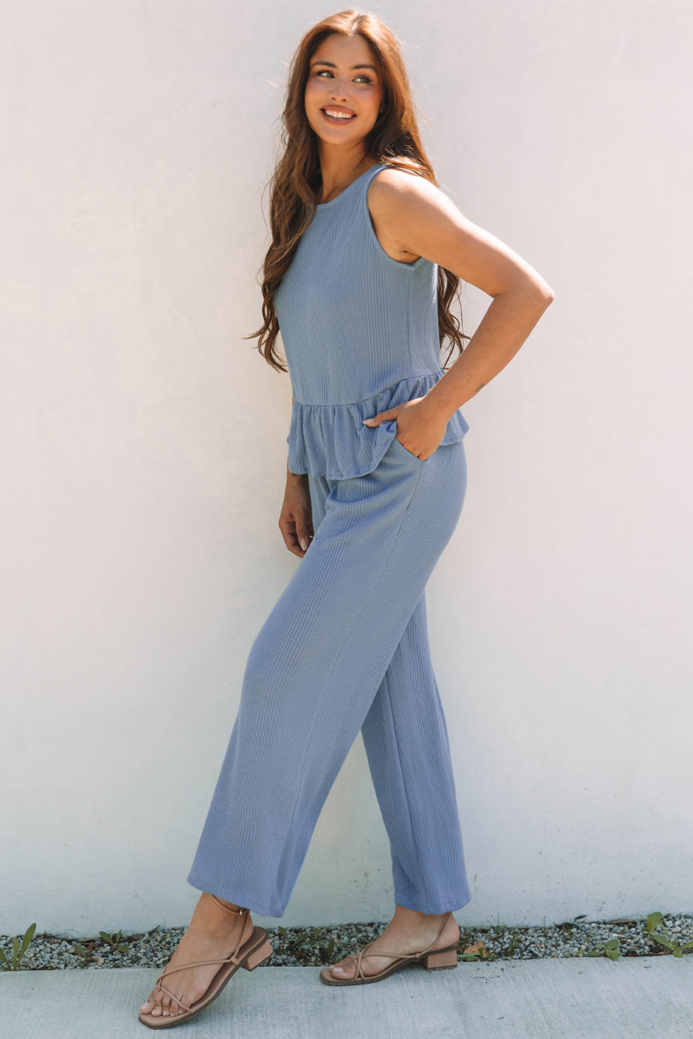 Threaded Pear Teresa Ribbed Ruffle Tank Top and Pants Set