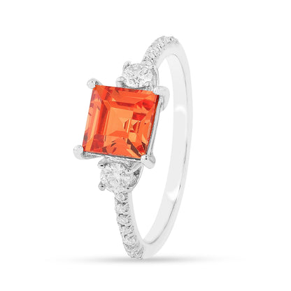 1.83 Ct Square Lab Created Peach Sapphire and Moissanite Prong Silver Three Stones Ring