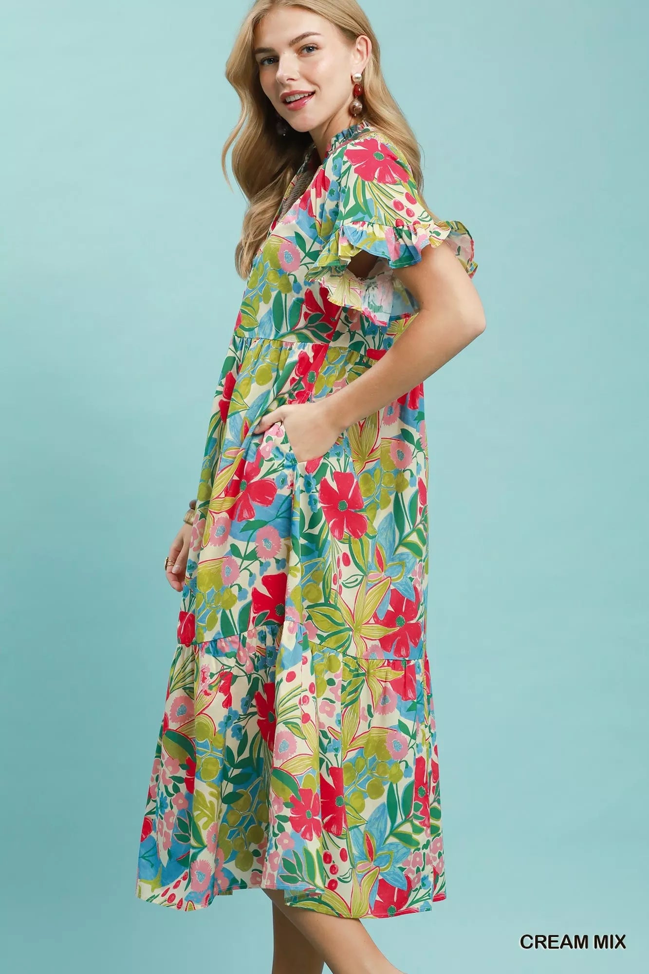Umgee Tropical Floral Ruffle Sleeve Tiered Midi Dress in Cream
