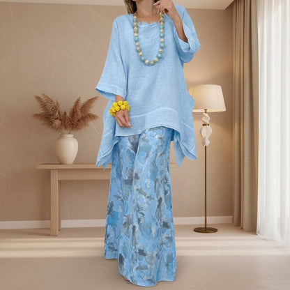 Women's Solid Linen-Style Tunic Top & Watercolor Floral Wide-Leg Pants Set