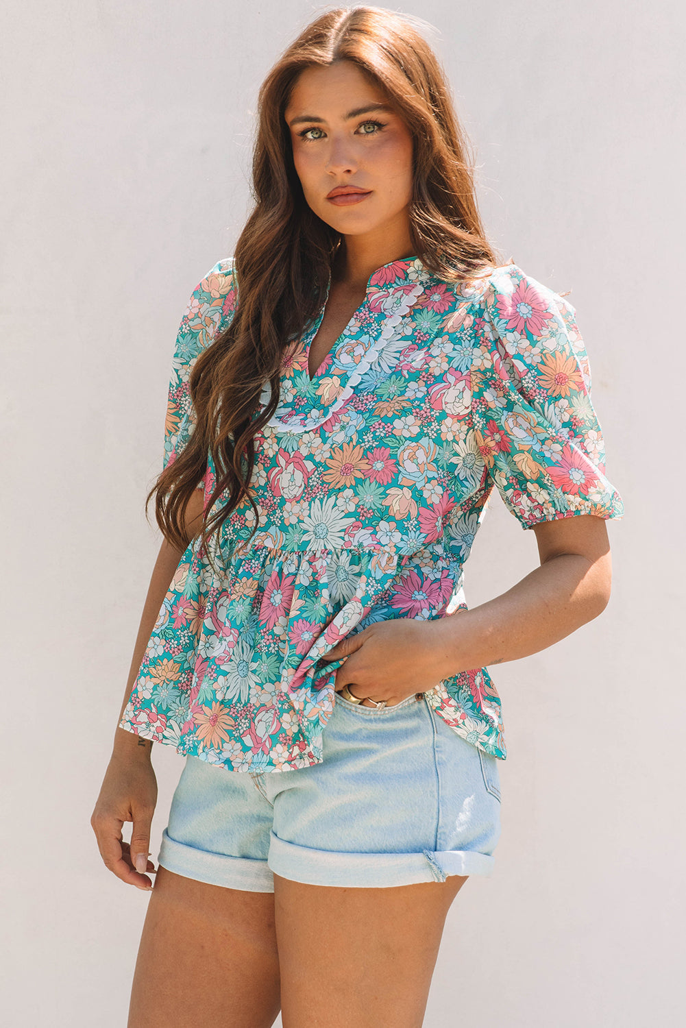 Threaded Pear Amaris Notched Neck Puff Short Sleeve Floral Blouse