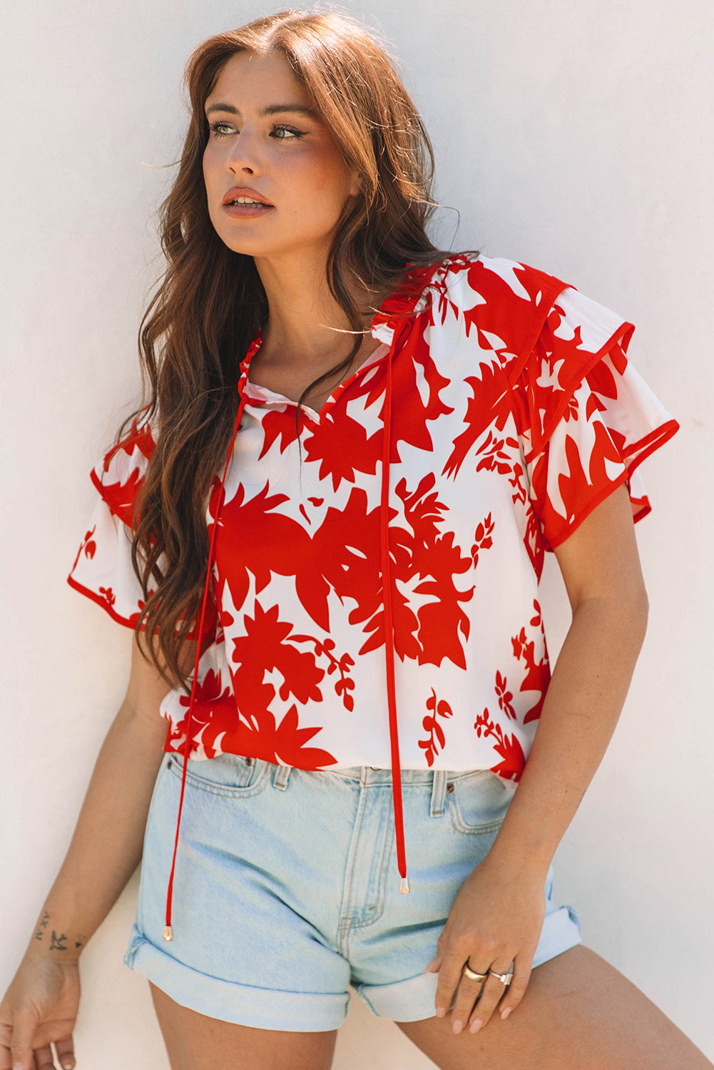 Threaded Pear Zoya Tiered Ruffled Sleeve V Neck Blouse