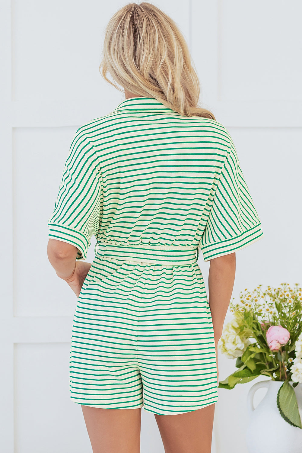 Threaded Pear Annabelle Stripe Buttoned & Tie Romper