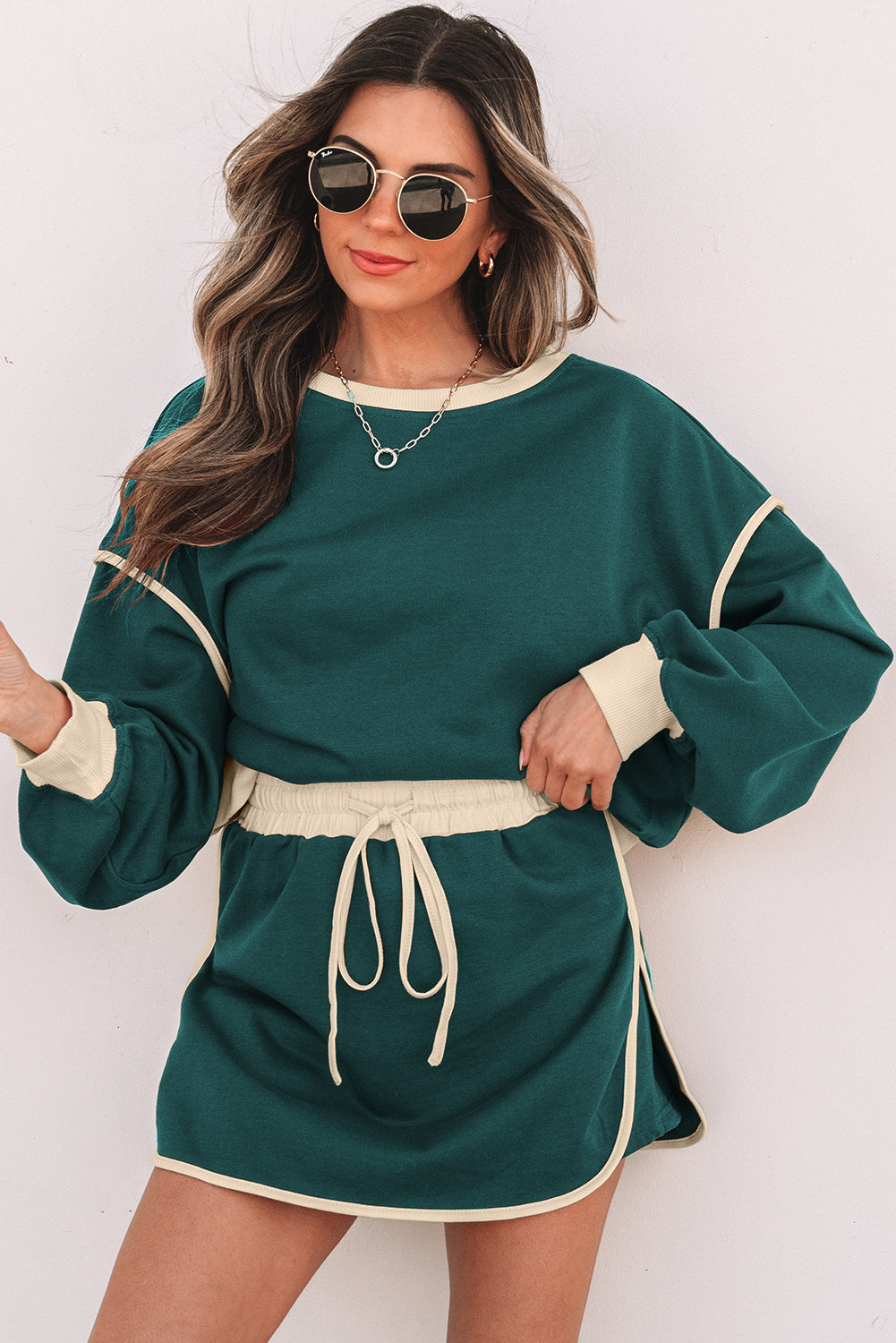 Violeta Loose Pullover and Lace-up Waist Skort Set - Threaded Pear