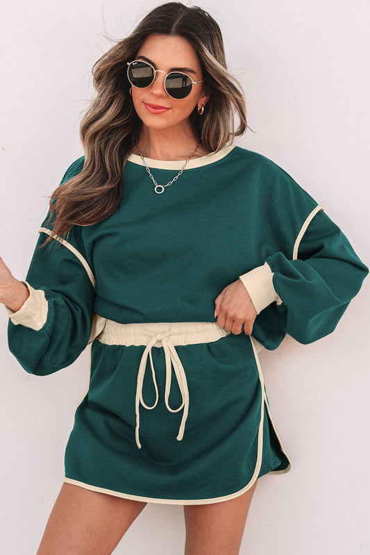 Violeta Loose Pullover and Lace-up Waist Skort Set - Threaded Pear