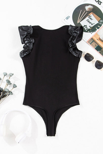 Threaded Pear Aniyah Ruffle Patchwork Ribbed V Neck Bodysuit