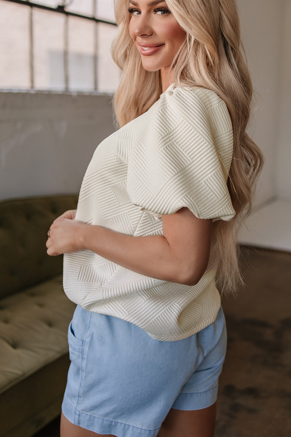 Threaded Pear Aliya Textured Puff Sleeve Top