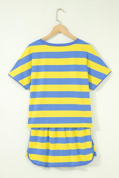 Yellow Stripe Dolman Tee Drawstring Skort Athletic 2pcs Set