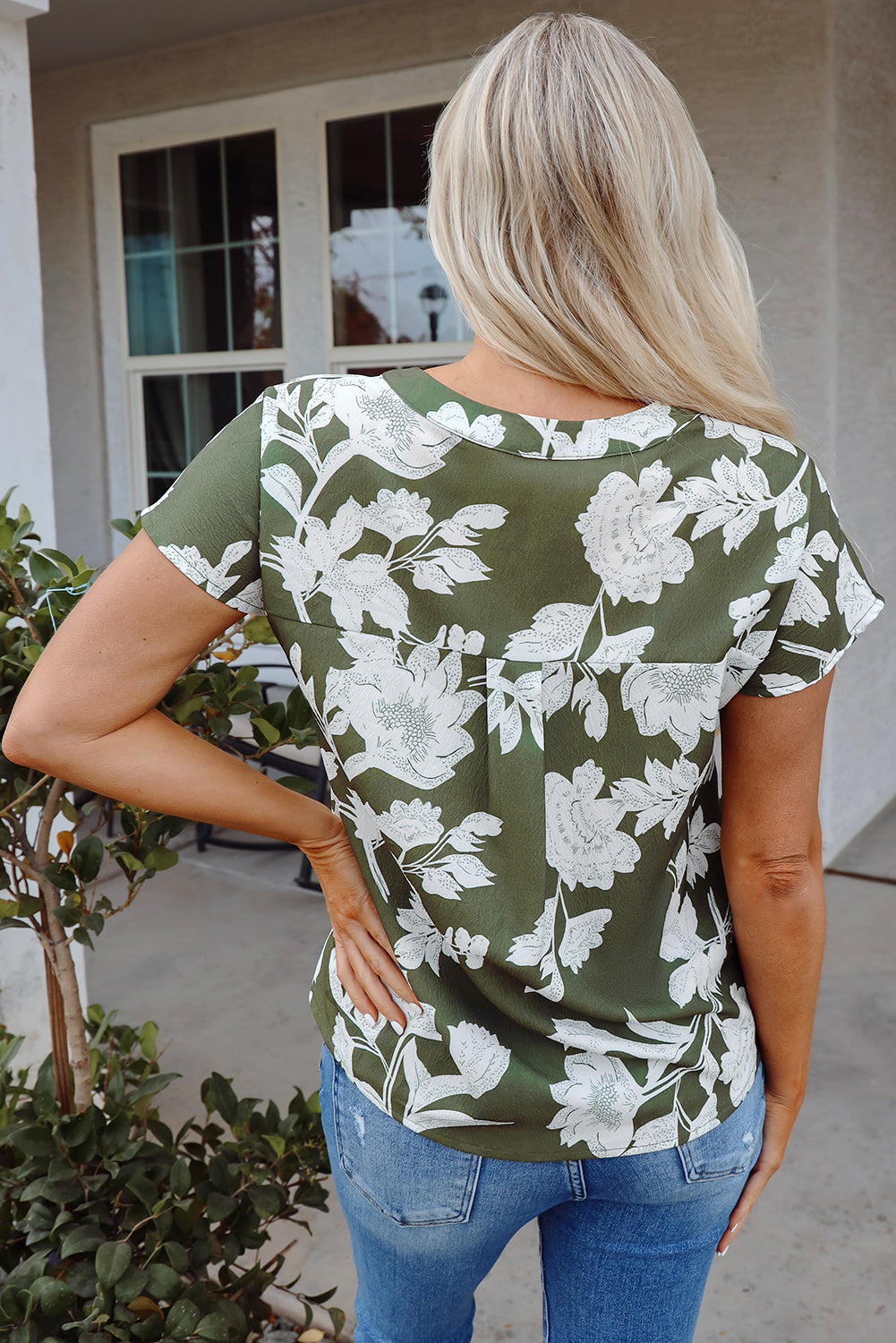 Threaded Pear Floral Split Neck Short Sleeve Blouse