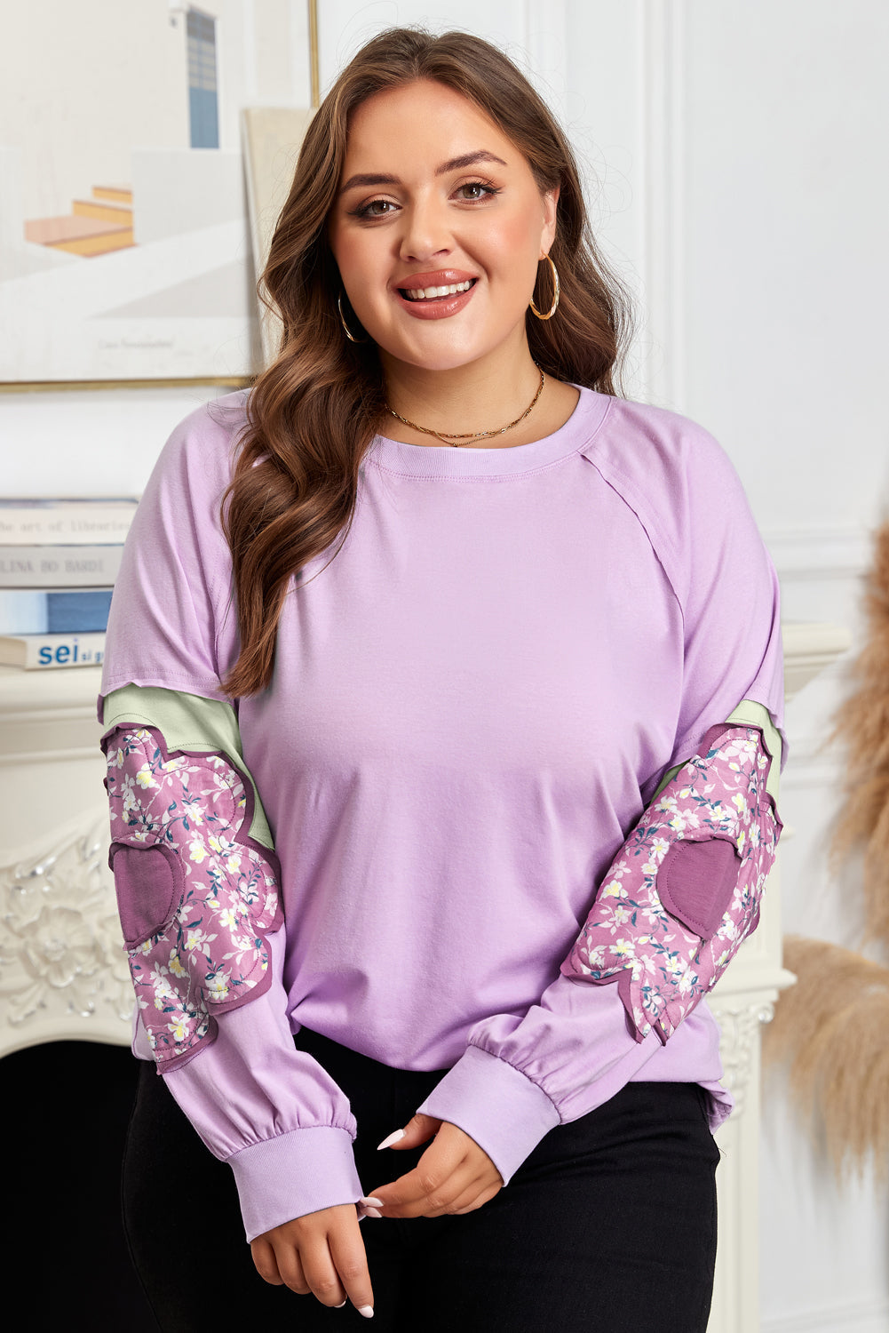Threaded Pear Phalaenopsis Flower Patch Colorblock Plus Size Pullover Top