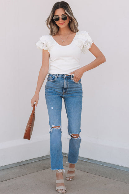 Threaded Pear Andi Eyelet Ruffle Sleeve Slim Fitted Top