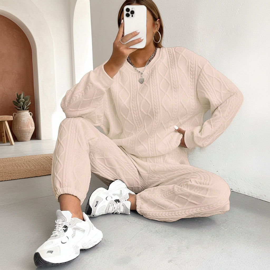 Women's Cable-Knit Texture Sweatshirt & Jogger Pants Set