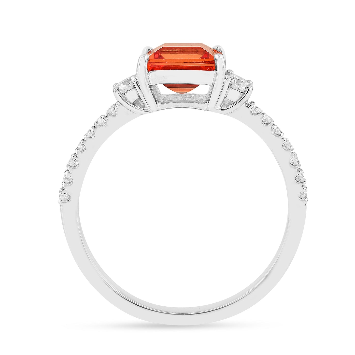 1.83 Ct Square Lab Created Peach Sapphire and Moissanite Prong Silver Three Stones Ring