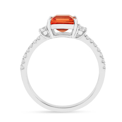 1.83 Ct Square Lab Created Peach Sapphire and Moissanite Prong Silver Three Stones Ring