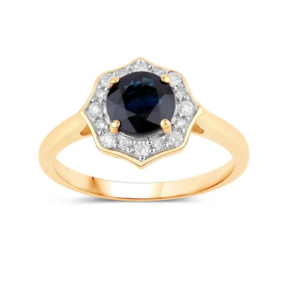 1.03 Ct Round Blue Sapphire & Lab Grown Diamond Prong 10K Gold Bridge Halo Ring