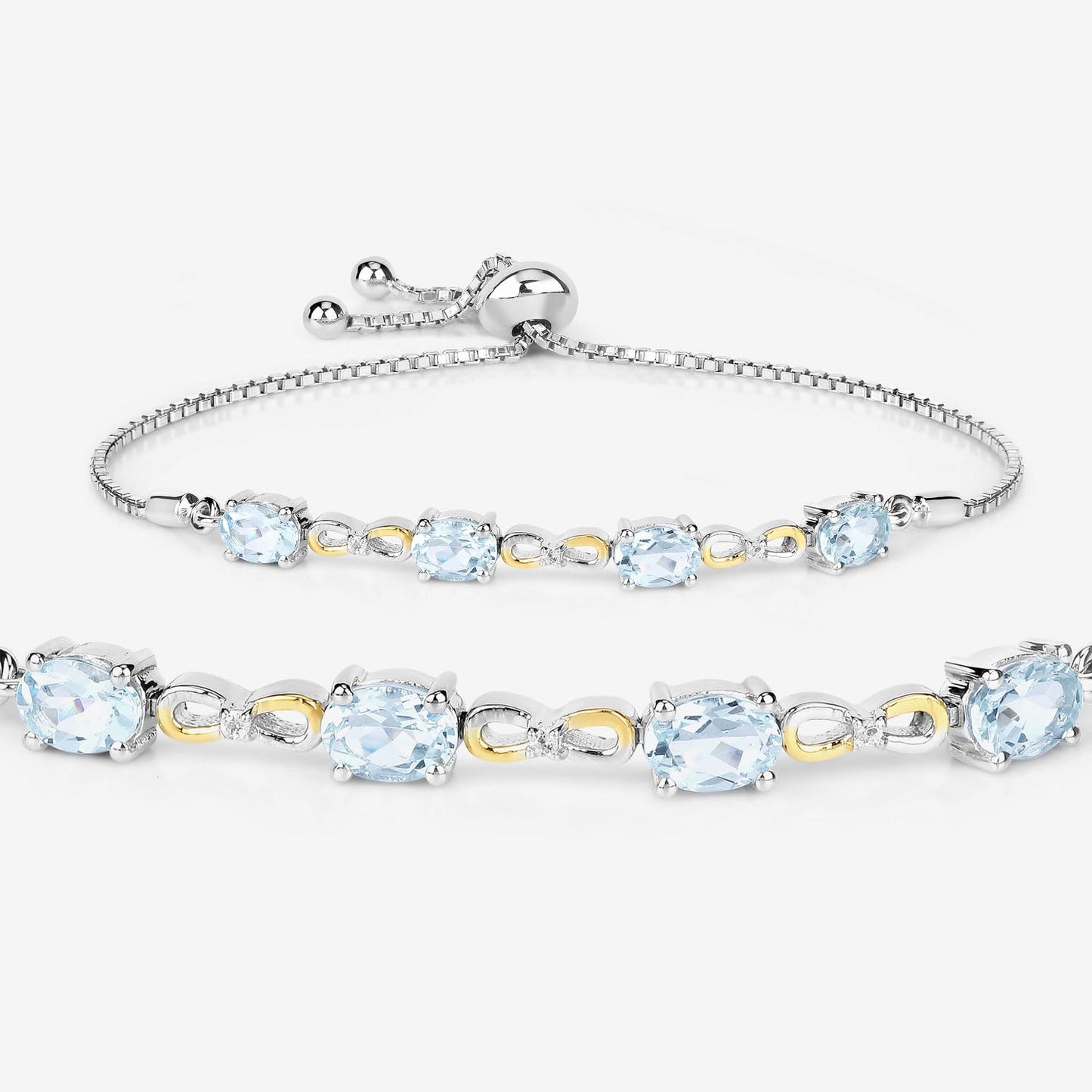 Oval Blue Aquamarine Prong Two-Tone Gold Plated Silver Infinity Bolo Adjustable Bracelet