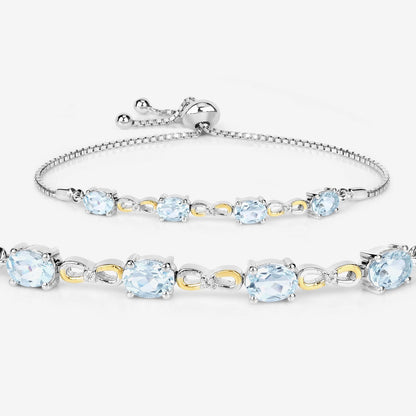 Oval Blue Aquamarine Prong Two-Tone Gold Plated Silver Infinity Bolo Adjustable Bracelet