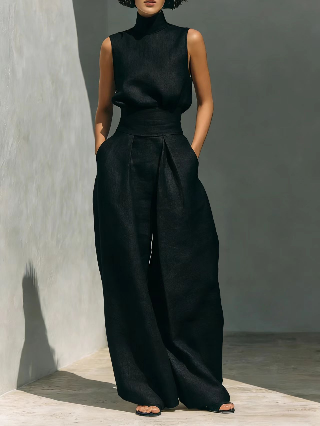 Women's Linen-Blend High-Neck Sleeveless Top & Wide-Leg Pants Set