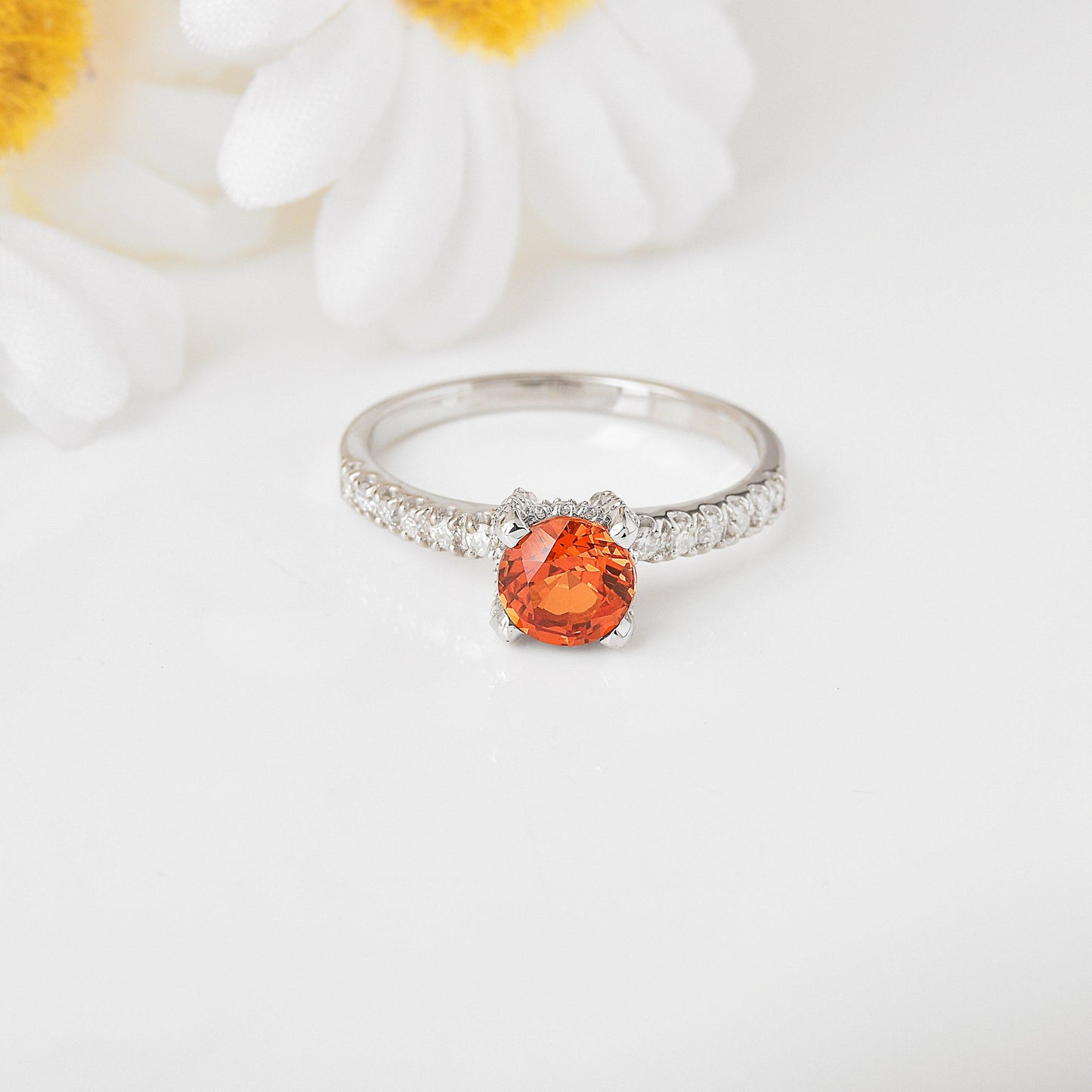 1.58 Ct Round Lab Created Peach Sapphire and Moissanite Prong Silver Pave-set Ring