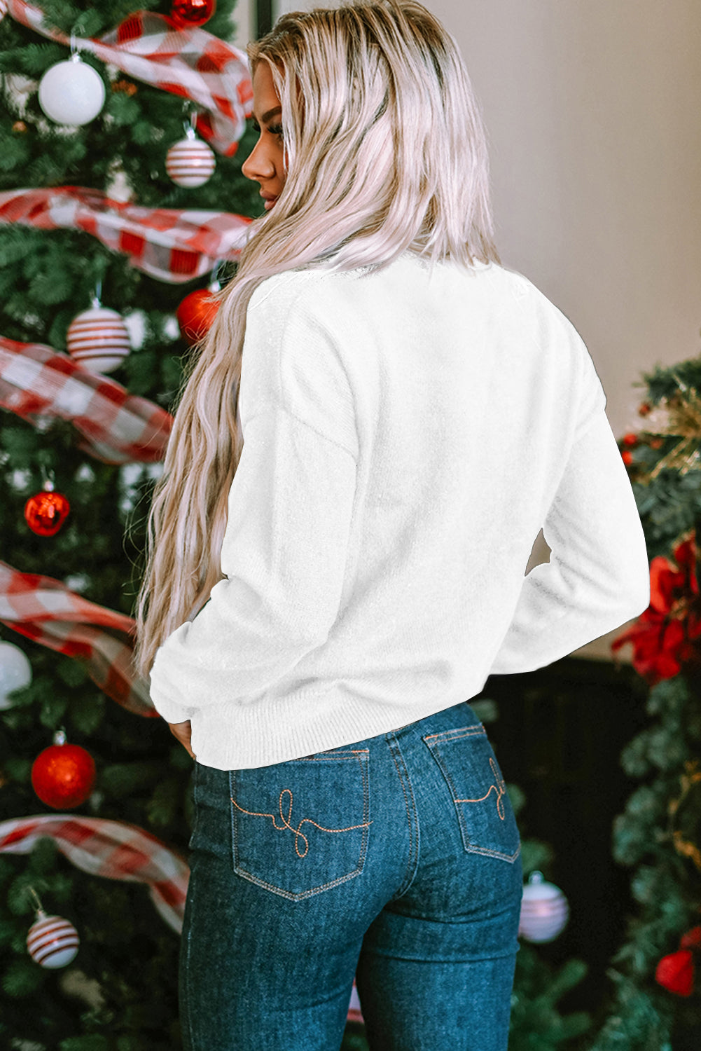 Threaded Pear Robin Glitter Print Casual Sweater