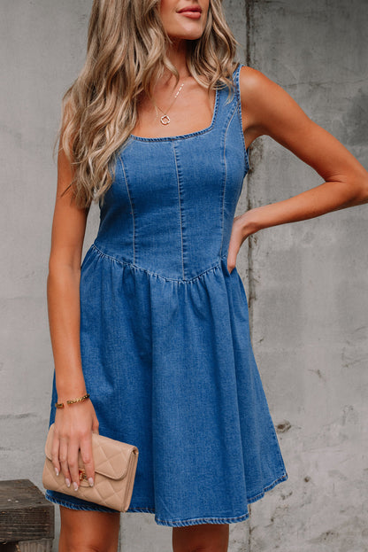 Threaded Pear Emily Square Neck Bowknot A-line Denim Dress